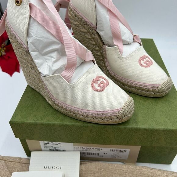 Women’s Gucci white/pink wedge espadrilles size 41 made in Spain - Picture 4 of 11